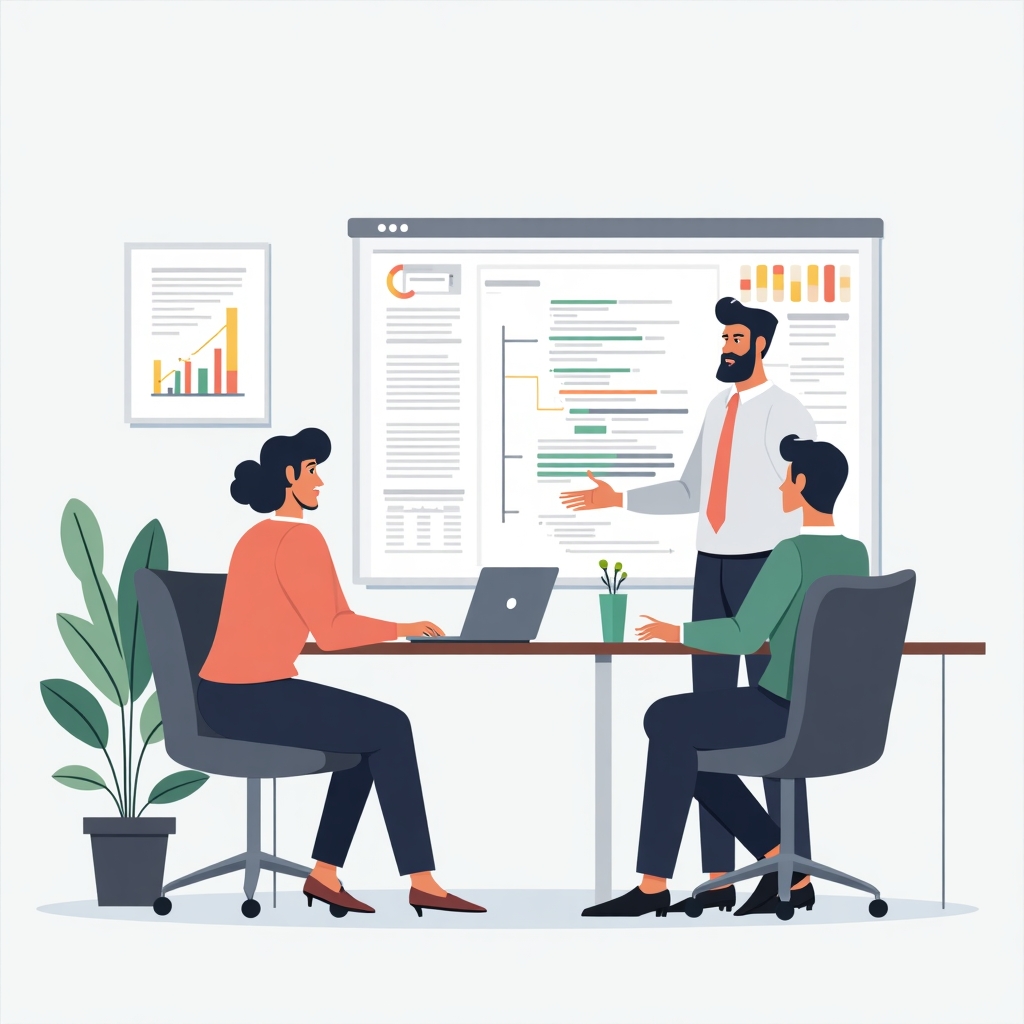 Illustration moderne représentant un CTO présentant une roadmap technique à une équipe de fondateurs dans un environnement de travail numérique.