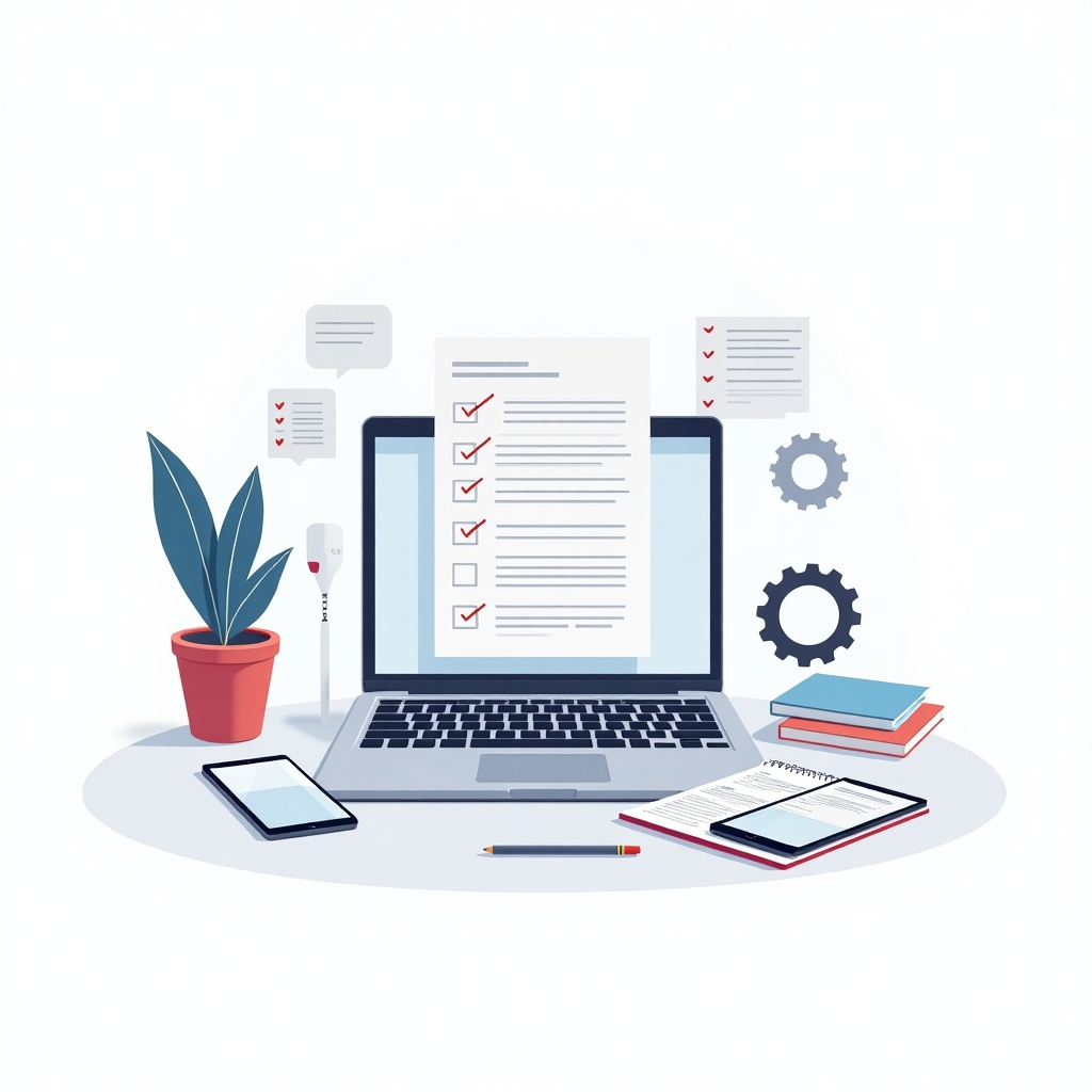 Illustration d’un espace de travail moderne avec un cahier des charges numérique, des wireframes d’application et des éléments visuels représentant la planification d’un projet digital.