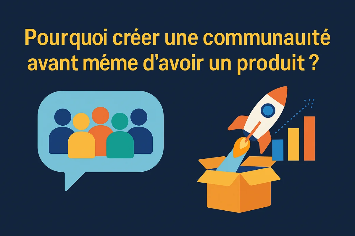 Illustration représentant la création d’une communauté avant le lancement d’un produit, avec des personnages en interaction et une fusée symbolisant le lancement.
