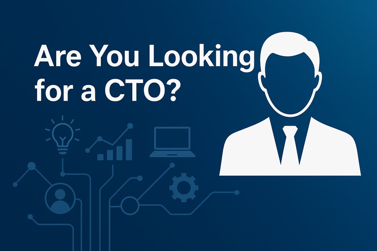 Illustration d’un professionnel tech avec la mention 'Are you looking for a CTO?' sur fond bleu