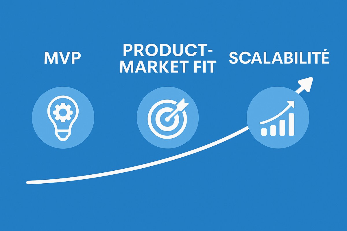 Illustration représentant les étapes clés de croissance d’une startup, incluant MVP, Product-Market Fit et Scalabilité, sous forme d’un schéma visuel épuré.