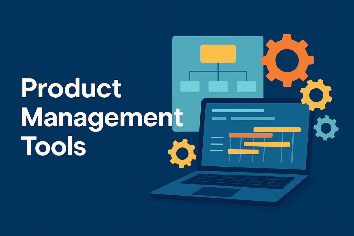 Illustration d’un ordinateur affichant une roadmap produit avec des icônes de diagramme et engrenages symbolisant les outils de gestion produit.