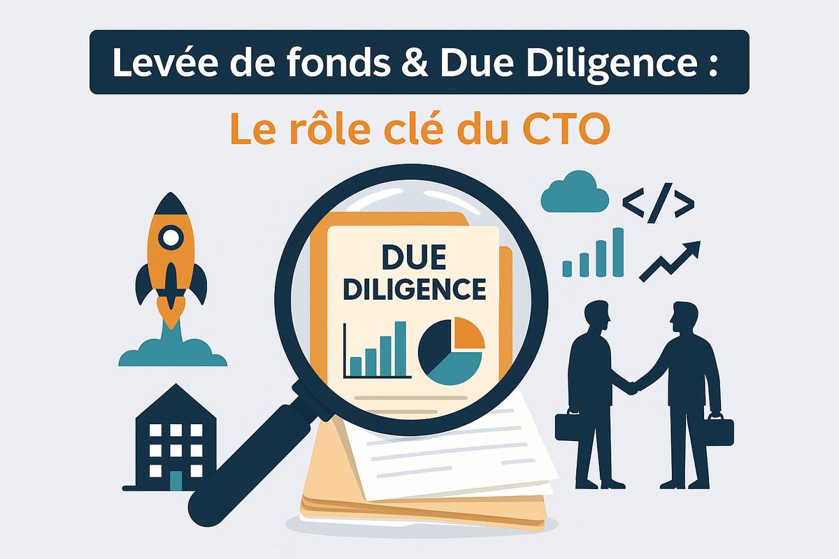 Illustration d’une startup préparant sa due diligence technique avec un CTO pour réussir sa levée de fonds.